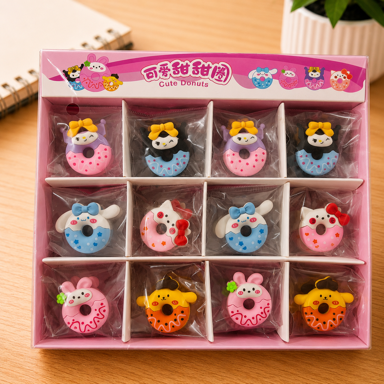 Cute Donut Character Eraser Set (12 Pieces)